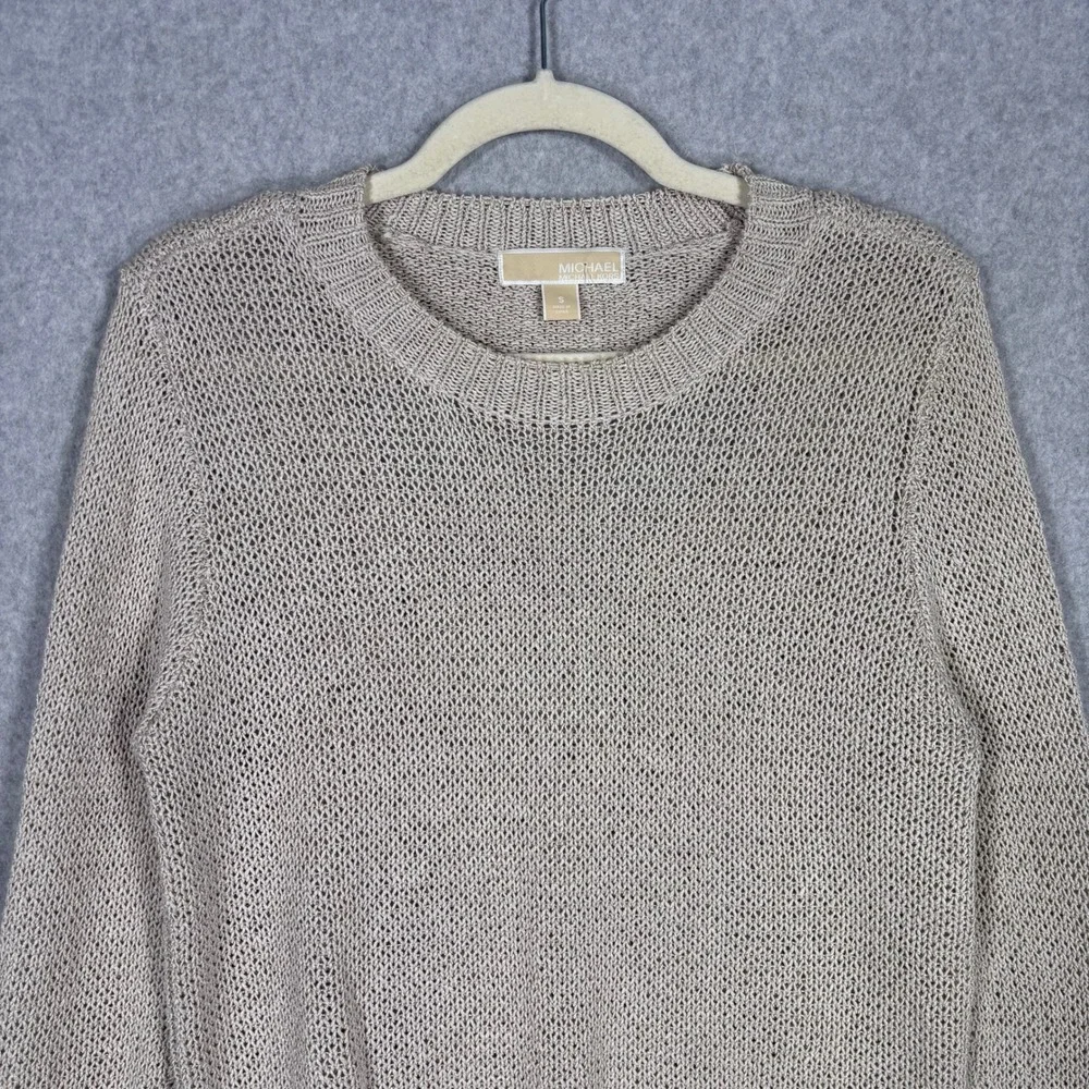 Michael Kors Metallic‎ Thread Open Back Sweater Small Sheer Knit Neutral Shimmer